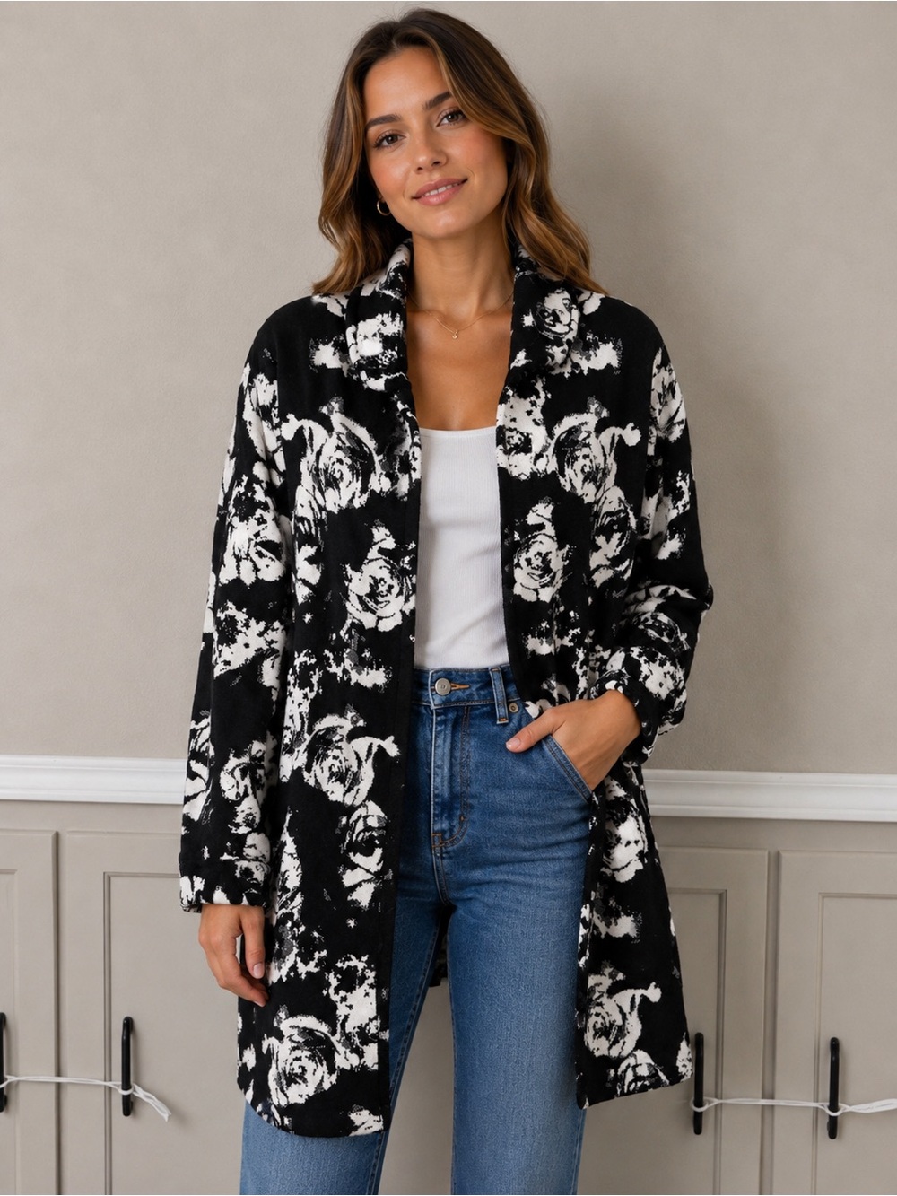 Tahari Black and White Floral Open-Front Long Cardigan